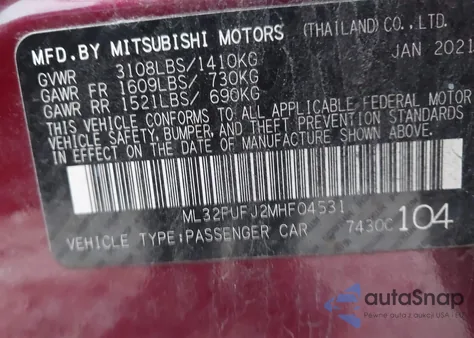 2021 Mitsubishi Mirage G4 Carbonite Edition/Es/Le z USA, uszkodzony, nr VIN ML32FUFJ2MHF04531